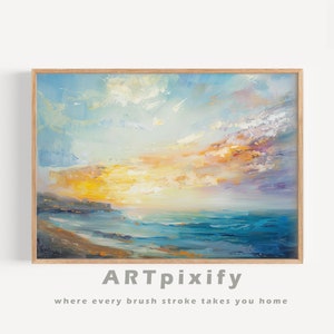 Coastal Dawn&#39;s Embrace - Vibrant Seascape Sunrise Digital Painting Print, seascape art, ocean, beach, wall art, home decor, canvas print