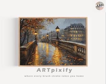 Autumn Paris Rainy Painting for Living Room Decor Print Evening Golden Leaves Street Scene Art Paris Canvas Wall Art Cozy Fall Decor French