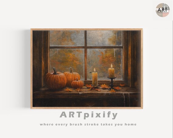 Pumpkin Wall Art Printable | Rustic Fall Window Scene | Vintage Autumn Wall Decor | Cottagecore Living Room Decor | Thanksgiving | Autumn