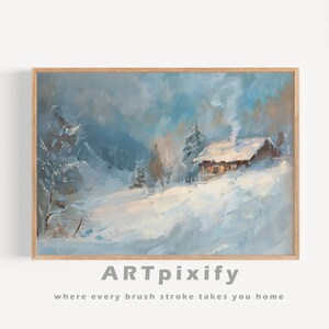Winter Serene Snowscape Art Print of Cozy Cabin Digital Download Rustic Home Decor for Living Room Peaceful Winter Wall Art Instant Download