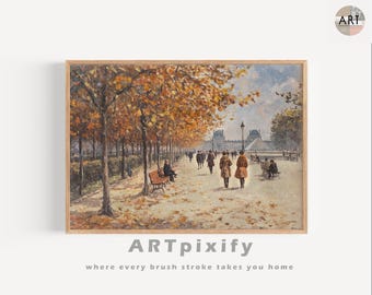 Autumn Leaves Poster of Paris Louvre Fall Canvas Art Vintage Fall Print Paris Street Scene Trees Antique Oil Painting of Rustic Autumn Decor