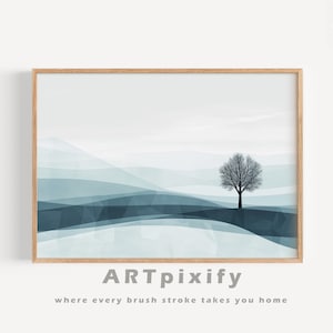 Snowy Landscape art for Winter Whisper Stark Lone Tree in a Serene Snowy Landscape art Printable Wall Art for winter wonderland snowy print