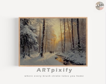 Winter Sunset Painting Scene Artwork Winter Landscape Art Christmas Print of Winter Wonderland Snowing Painting Country Christmas Decor