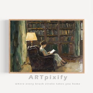 Vintage Moody Woman Reading Book Printable Wall Art Painting for Library Wall Decor Book Lover Art Female Portrait Canvas Art Women Download