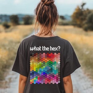 May include: Dark gray t-shirt with the text "what the hex?" above a colorful hexagonal color palette design. The shirt is worn by a person walking on a path through a field.
