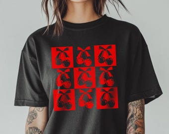 Comfort Colors® Cherry Shirt | Checkered Fruit Tee | Retro Summer Aesthetic | Cute Cottagecore Graphic | Cherry Lover Gift | Red Cherry Top