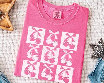 Comfort Colors® Cherry Shirt | Checkered Fruit Tee | Retro Summer Aesthetic | Cute Cottagecore Graphic | Cherry Lover Gift | Cherries Bow