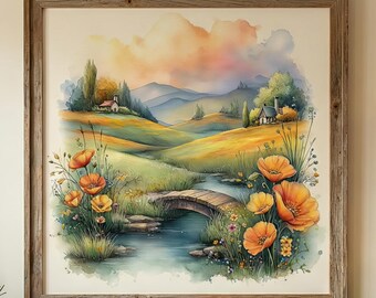 Wildflower Meadow Watercolor Print, Cottage Landscape Wall Art, Scenic Nature Decor