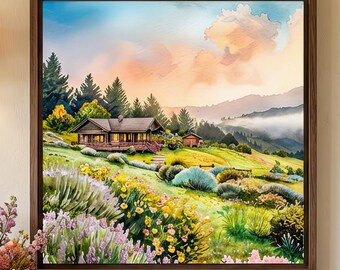 Mountain Cabin Watercolor Print, Wildflower Meadow Wall Art, Scenic Lodge Decor