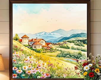 Alpine Village Watercolor Print, Daisy Meadow Wall Art, Mountain Countryside Decor