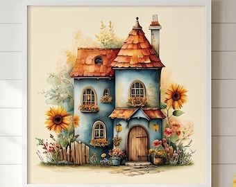 Whimsical Cottage Art Print, Sunflower House Wall Decor, Storybook Home Painting