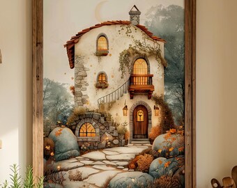 Whimsical Cottage House Print, Storybook Home Wall Art, Fantasy Woodland Decor