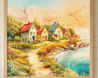 Coastal Cottage Village, Watercolor Seaside Homes, Whimsical Countryside Art