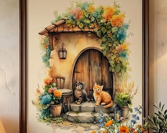 Cottage Watercolor Print, Charming Kittens Art, Whimsical Cat Wall Decor