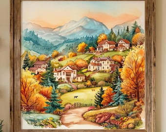 Mountain Village Watercolor Print, Countryside Landscape Wall Art, Cozy Cottage Decor