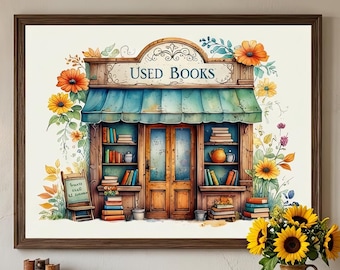 Used Books Shop Wall Art, Watercolor Bookstore Print, Whimsical Book Lover Gift