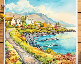 Coastal Cottage Village Art, Whimsical Seaside Landscape Print, Cottage by the Sea Artwork