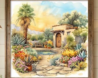 Desert Oasis Print, Watercolor Southwest Garden, Cactus Hacienda Art