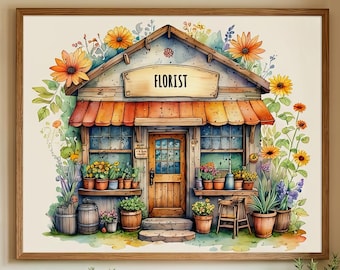 Charming Florist Shop Wall Art, Watercolor Flower Cottage Artwork, Garden Floral Storefront Print