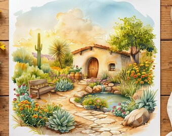 Watercolor Southwest Cottage Print, Desert Adobe Garden Art, Cactus Floral Landscape