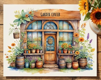 Rustic Garden Center Print, Watercolor Flower Shop Facade, Cottage Storefront Art