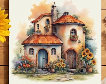 Tuscan Cottage Watercolor, Sunflower Garden Wall Art, Farmhouse Decor