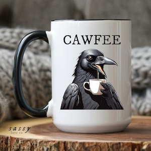 Cawfee Crow Coffee Mug, Crow Lovers Gift, Gift for Bird Lover, Birdwatching, Black Raven Decor, Gothic Dark Academia art, cute funny birding