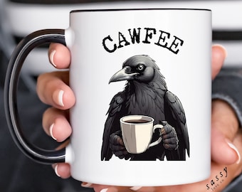 Cawfee Crow Mug, Cute Crow Drinking Coffee, Gift for Bird and Coffee Lovers, Raven and Black Bird Gifts, Birdwatcher Birding, Corvid Art Cup