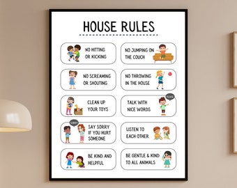 May include: A framed "House Rules" print with a black border hangs above a peach-colored sofa. The print features illustrated rules like "No hitting or kicking" and "Clean up your toys." The room is decorated with a plush bunny, panda pillow, and star-shaped pillow.