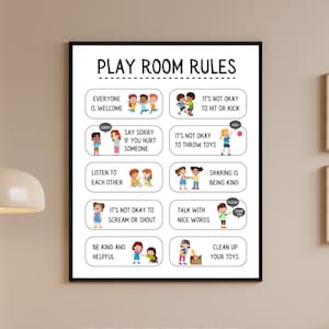 Poster des règles pour le préscolaire, la garderie et la salle de jeux à domicile | Règlement intérieur minimaliste à imprimer pour les enfants | Les non-lecteurs peuvent comprendre | 3 tailles de cadre