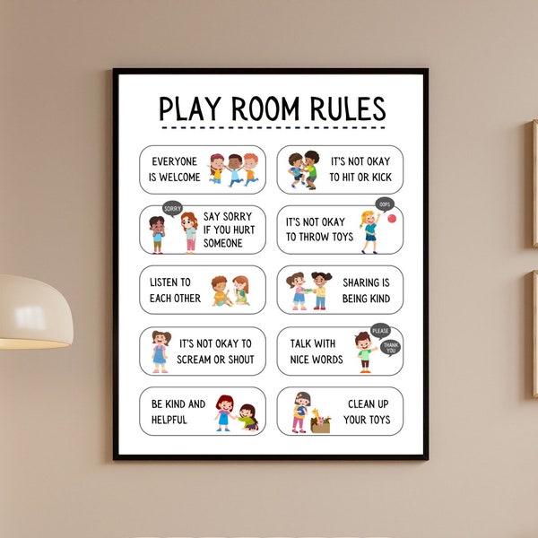 Rules Poster For Preschool, Daycare, Home Playroom | Printable House Rules For Kids Minimalist | Non-Readers Can Understand | 3 Frame Sizes