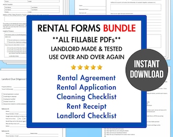 May include: A bundle of printable rental forms for landlords. The forms include a rental agreement, rental application, cleaning checklist, rent receipt, and landlord checklist. The forms are all fillable PDFs and are designed to be used over and over again. The text "INSTANT DOWNLOAD" is in a red box on the image.
