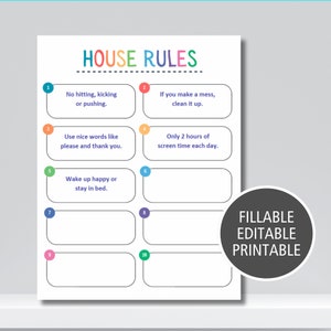 Reglas familiares rellenables personalizadas para niños / Plantilla de reglas de la casa / Cree sus propias reglas familiares / Editable e imprimible / Tamaño de carta de EE. UU.