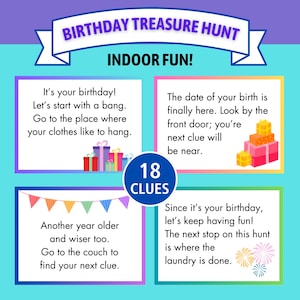 Indoor Geburtstags-Schatzsuche | Druckbare Geburtstags-Schnitzeljagd-Hinweiskarten | Kind Spiele | Kinder Schatzsuche Hinweise | Lustiges Kindergeburtstagsspiel