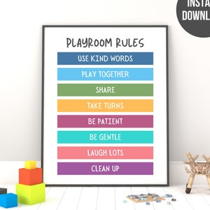 Playroom Printable Rules Sign | Preschool, Daycare, Home Play Room | Rules Poster | Minimalist Block Wall Art | 5 Sizes | Digital Download