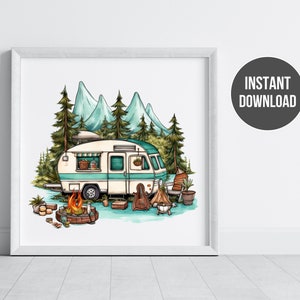 Camp Life Print | Vintage Hippie Camper | Digital Wall Art | Retro Camping Image To Inspire Your Soul | Square Mini Print