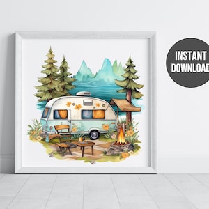 Camp Life Print | Vintage Hippie Camper | Digital Wall Art | Retro Camping Image To Inspire And Warm Your Soul | Square Mini Print