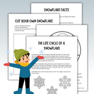 Può includere: Materiali didattici stampabili sui fiocchi di neve. L'immagine mostra un'illustrazione di un bambino con un cappello verde e una camicia blu, e diverse pagine con testo: "CUT YOUR OWN SNOWFLAKE", "SNOWFLAKE FACTS" e "THE LIFE CYCLE OF A SNOWFLAKE".