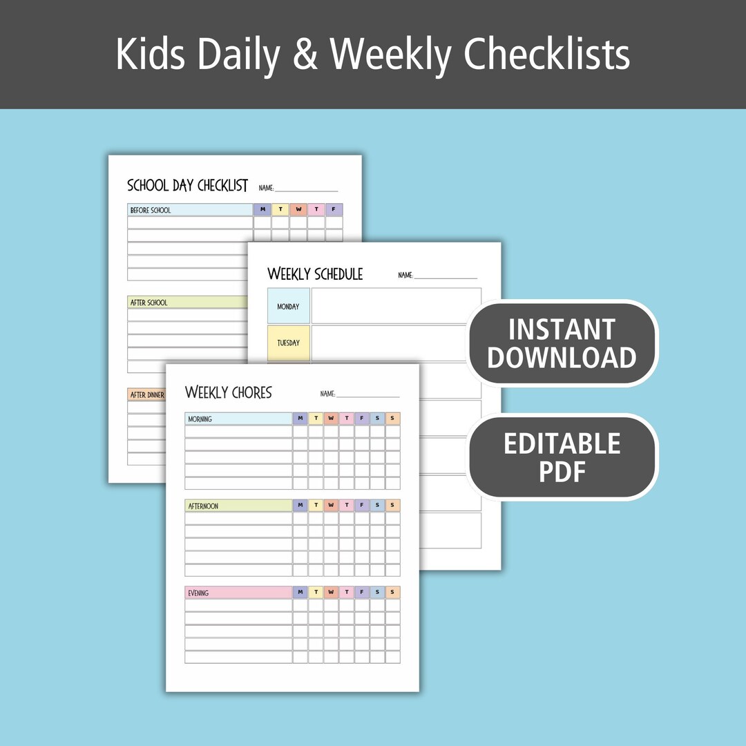 Editable Weekly and Daily Chore Chart for Kids | Kids Chore Chart Set ...