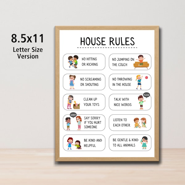 House Rules For Kids | Family House Rules | Easy-to-Understand With Pictures For Non-Readers | Short Rules | Print At Home | Letter Size