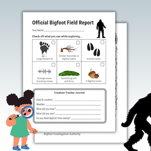 Peut inclure: Un rapport de terrain Bigfoot officiel et un journal de suivi des créatures, blancs. Le rapport comprend des cases à cocher pour les observations telles que les empreintes de pas et les traces d'animaux. Le journal contient des invites pour la date, le lieu et les observations.