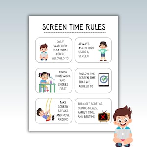 May include: A white poster with the text "SCREEN TIME RULES" and illustrated rules for children. The rules include: watch what you're allowed to, ask before using a screen, finish homework, follow screen time, take breaks, and turn off screens.