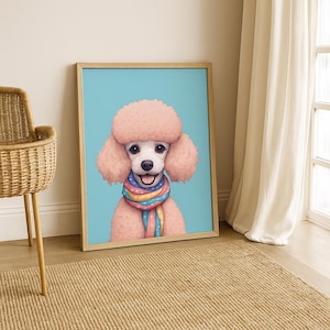 Rosa Pudel Digitaler Kunstdruck, Tier Wandkunst für Kinder und moderne Räume - skurrile Bürodekoration, kräftige Farbpalette, Pariser Hundewandkunst