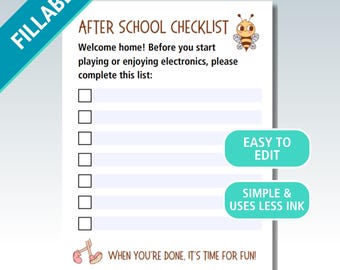 Kids After School Checklist: Chore Chart, Family Rules (Fillable PDF File, 8.5x11 inch)