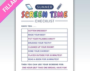 Könnte beinhalten: Eine ausfüllbare "Screen Time Checklist" in Weiß mit farbigem Text und einem rosa diagonalen Banner. Die Checkliste enthält Aufgaben wie Anziehen, Bett machen und ein Buch lesen. Sie schlägt eine Stunde Bildschirmzeit vor.