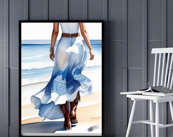 Estampa de cowgirl costeira, arte de parede estética azul, pôster com clima de surfe praiano, estampa feminina coquete, pôster com estilo western praiano, estampa feminina
