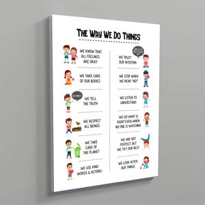 May include: A white framed poster with the text "THE WAY WE DO THINGS" and illustrated guidelines for behavior. The poster includes colorful cartoon figures and phrases like "We tell the truth" and "We use kind words & actions."