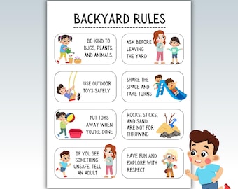 May include: A white poster with the text "BACKYARD RULES" and illustrated rules for children. The rules include being kind to nature, asking before leaving, using toys safely, sharing, putting toys away, and having fun.