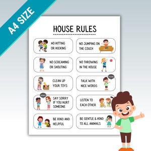 House Rules For Kids | Family House Rules | Easy-to-Understand With Pictures For Non-Readers | Short Rules | Print At Home | A4 Size