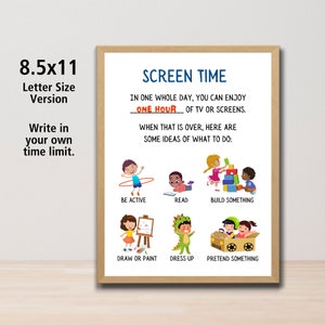 Reglas de la casa para niños durante el tiempo frente a la pantalla / Reglas para niños pequeños y preescolares / Imágenes fáciles de entender para no lectores / Tamaño carta de EE. UU.